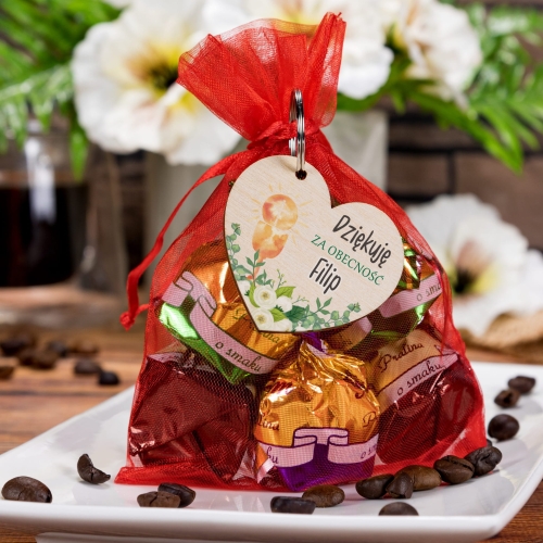 Podziękowania dla gości komunia drewniany brelok serduszko