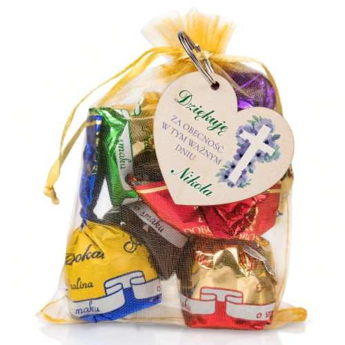 Podziękowanie komunia brelok serce dla gości z imieniem dziecka