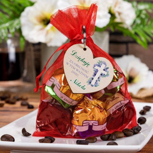 Podziękowanie komunia brelok serce dla gości z imieniem dziecka