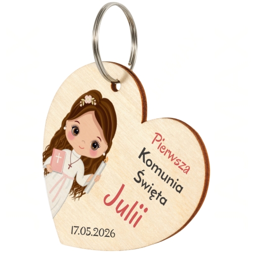 Podziękowania na komunię drewniany brelok serce dla gości