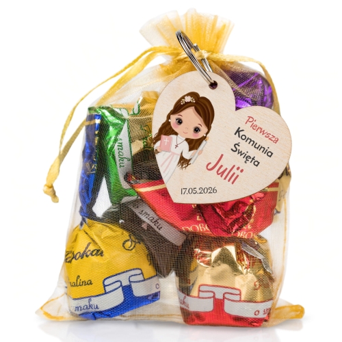 Podziękowania na komunię drewniany brelok serce dla gości