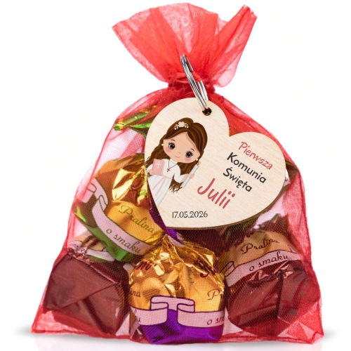 Podziękowania na komunię drewniany brelok serce dla gości