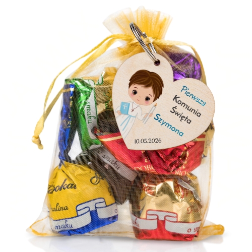 Podziękowania na komunię brelok serce z imieniem dziecka dla gości