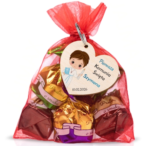 Podziękowania na komunię brelok serce z imieniem dziecka dla gości