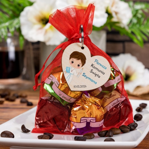 Podziękowania na komunię brelok serce z imieniem dziecka dla gości