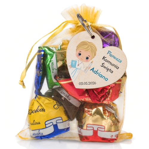 Podziękowania na komunię zestaw cukierków z brelokiem serce
