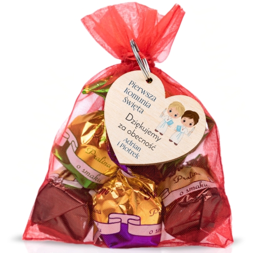 Podziękowania dla gości komunia woreczek z cukierkami i brelokiem serce