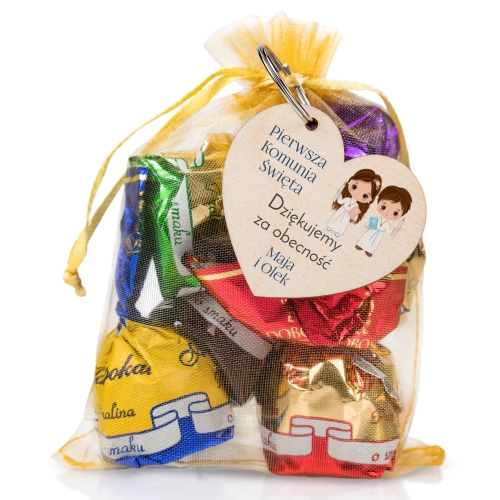 Podziękowania komunia zestaw słodycze z drewnianym brelokiem od rodzeństwa