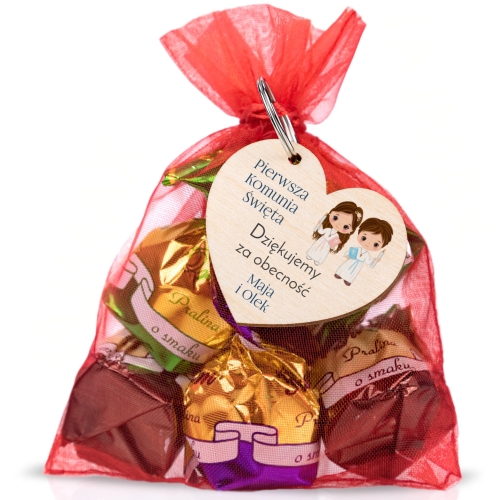 Podziękowania komunia zestaw słodycze z drewnianym brelokiem od rodzeństwa