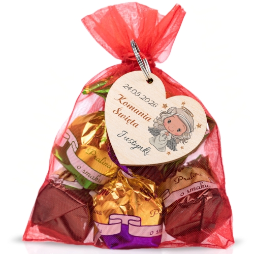 Podziękowania na komunię dla gości zestaw cukierków z brelokiem serce