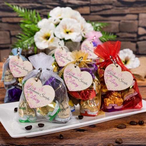 Podziękowania komunia zestaw cukierki plus breloczek serce dla gości