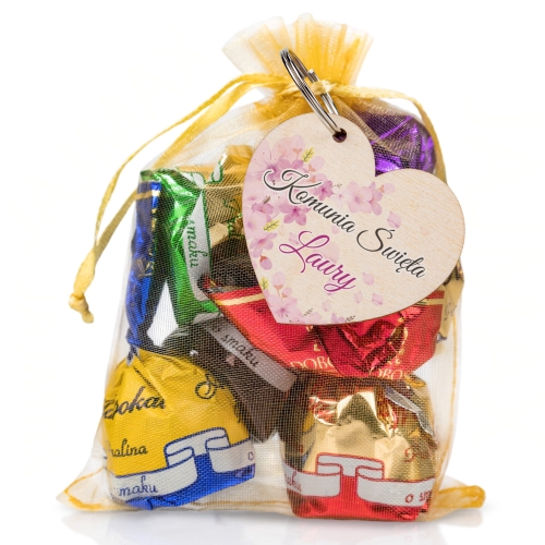 Podziękowania komunia zestaw cukierki plus breloczek serce dla gości