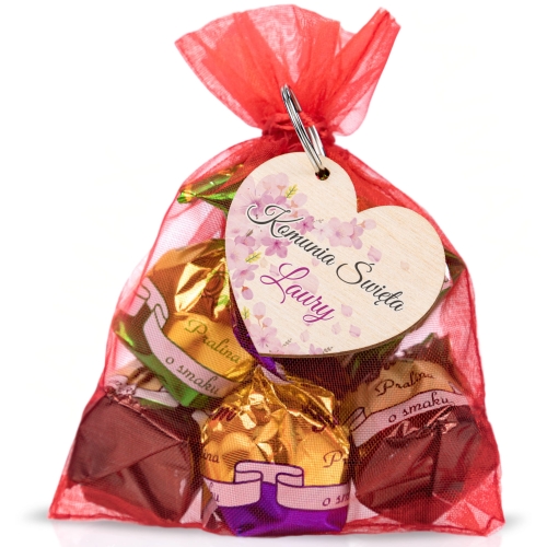 Podziękowania komunia zestaw cukierki plus breloczek serce dla gości