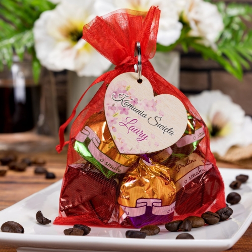 Podziękowania komunia zestaw cukierki plus breloczek serce dla gości