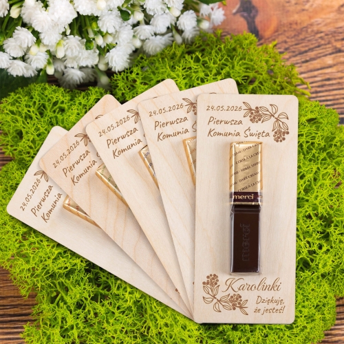 Podziękowania dla gości komunia czekoladka Merci z imieniem dziecka