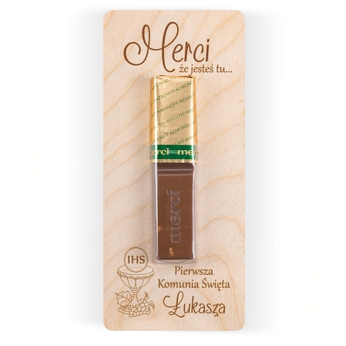 Podziękowania na komunię drewniana kartka z czekoladką Merci