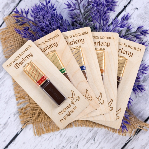 Podziękowania dla gości komunia drewniana deseczka z Merci