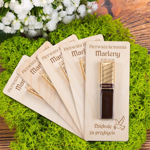 Podziękowania dla gości komunia drewniana deseczka z Merci