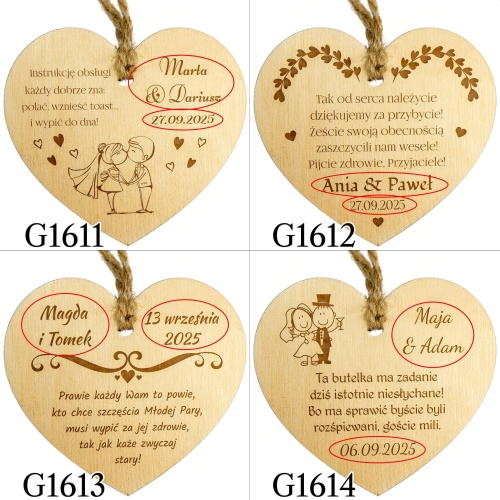 ZAWIESZKI NA BUTELKI serce ślub wesele grawer