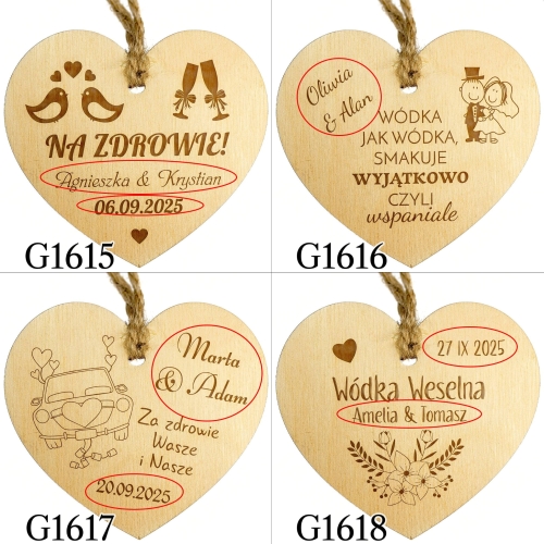 ZAWIESZKI NA BUTELKI serce ślub wesele grawer