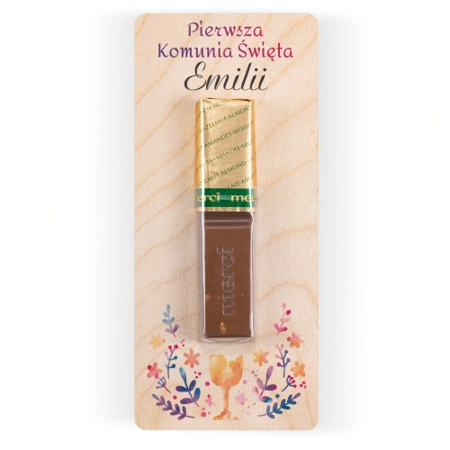 Podziękowania dla gości komunia czekoladka Merci z imieniem