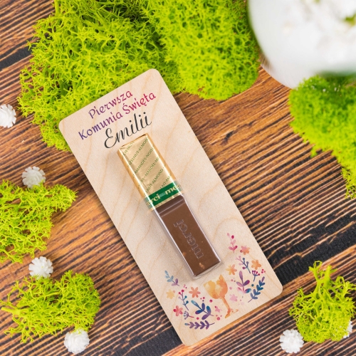 Podziękowania dla gości komunia czekoladka Merci z imieniem