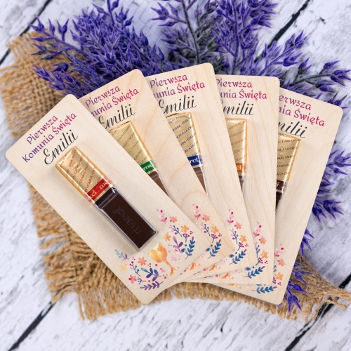 Podziękowania dla gości komunia czekoladka Merci z imieniem