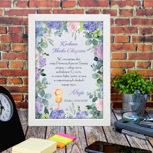 PODZIĘKOWANIA KOMUNIJNE DLA CHRZESTNYCH ramka A4 biała nadruk