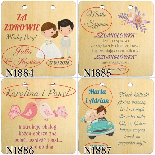 Zawieszki na butelkę kwadrat ŚLUB WESELE nadruk