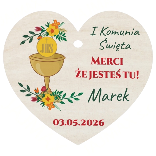 Podziękowanie dla gości Merci z drewnianym sercem