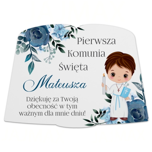 Podziękowania na komunię z imieniem dziecka pamiątka dla gości