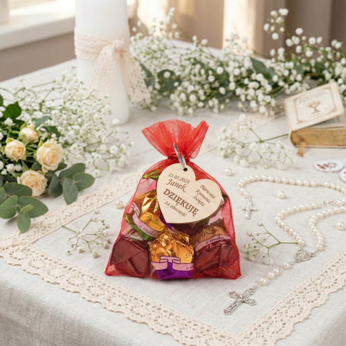 Cukierki w woreczku i brelok serce UPOMINKI DLA GOŚCI KOMUNIA