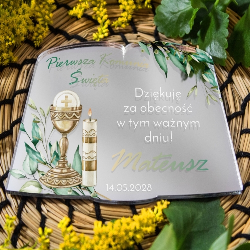 MAGNES BIBLIA SREBRNE LUSTRO upominki dla gości komunia nadruk 