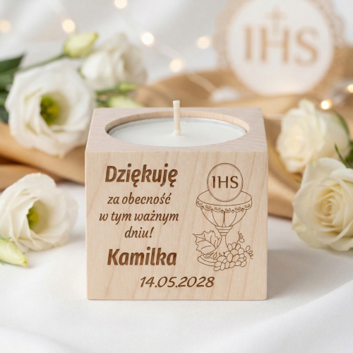 Świecznik pierwsza KOMUNIA ŚWIĘTA podziękowanie dla gości z grawerem