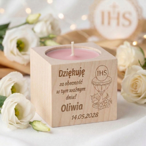 Świecznik pierwsza KOMUNIA ŚWIĘTA podziękowanie dla gości z grawerem