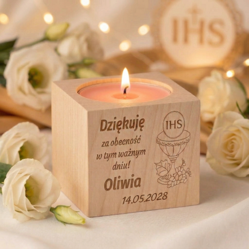 Świecznik pierwsza KOMUNIA ŚWIĘTA podziękowanie dla gości z grawerem