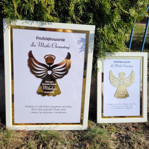 Anioł w ramce obrazek podziękowanie dla dziadków i chrzestnych komunia