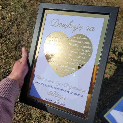 ZŁOTE SERCE Z NAPISAMI ramka podziękowania na Komunię