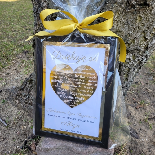 ZŁOTE SERCE Z NAPISAMI ramka podziękowania na Komunię