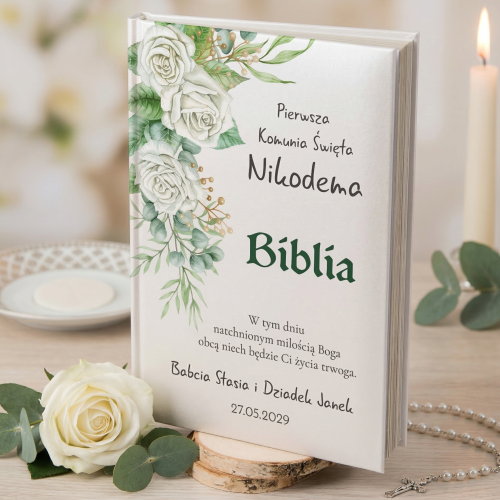BIBLIA PREZENT PIERWSZA KOMUNIA ŚWIĘTA dedykacja imię dziecka