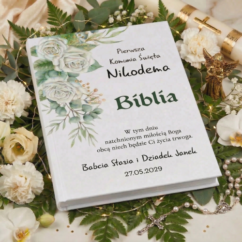 BIBLIA PREZENT PIERWSZA KOMUNIA ŚWIĘTA dedykacja imię dziecka