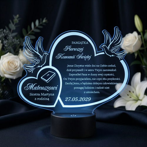Spersonalizowana statuetka LED z indywidualnym grawerem jako pamiątka Pierwszej Komunii Świętej