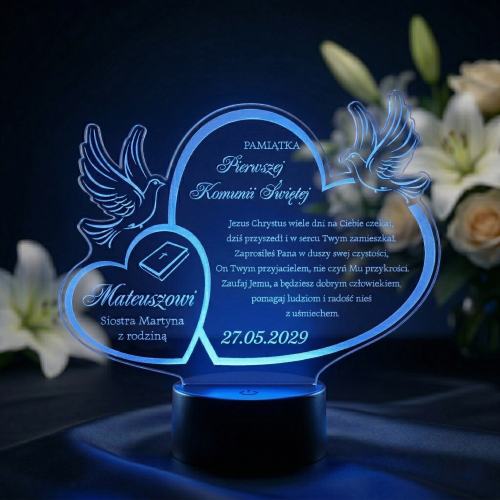Spersonalizowana statuetka LED z indywidualnym grawerem jako pamiątka Pierwszej Komunii Świętej
