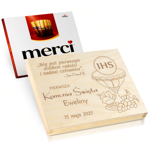 PUDEŁKO na czekoladki Merci pamiątka pierwsza komunia święta z grawerem