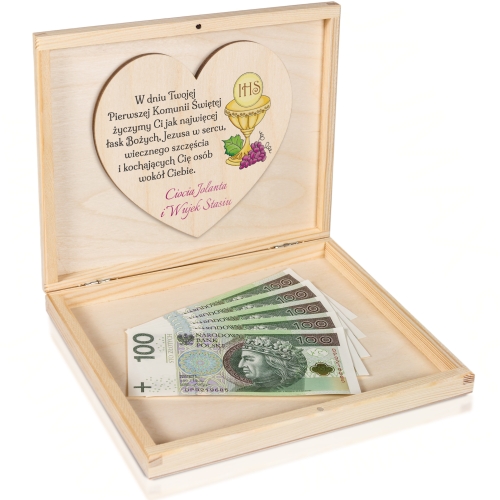 Pudełko zastrzyk gotówki PIERWSZA KOMUNIA ŚWIĘTA nadruk