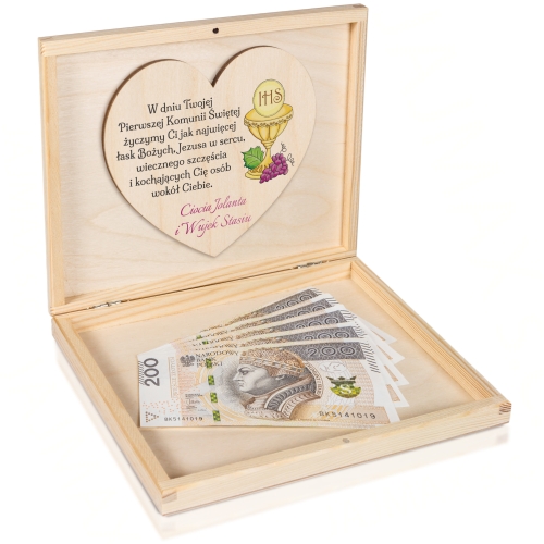 Pudełko zastrzyk gotówki PIERWSZA KOMUNIA ŚWIĘTA nadruk