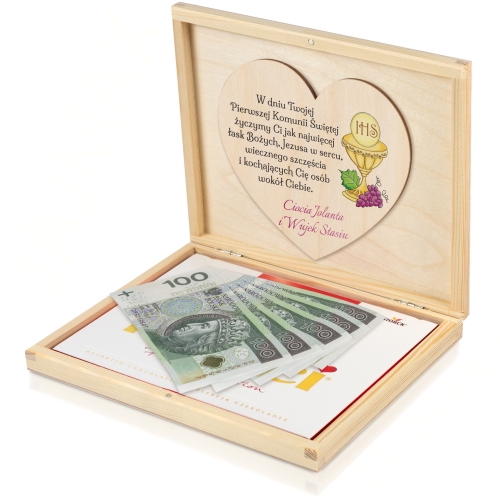 Pudełko zastrzyk gotówki PIERWSZA KOMUNIA ŚWIĘTA nadruk