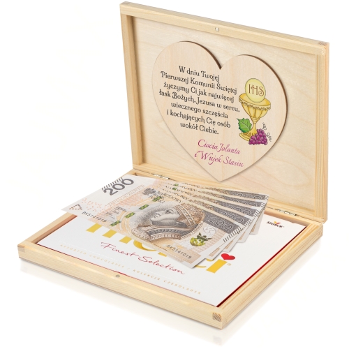 Pudełko zastrzyk gotówki PIERWSZA KOMUNIA ŚWIĘTA nadruk