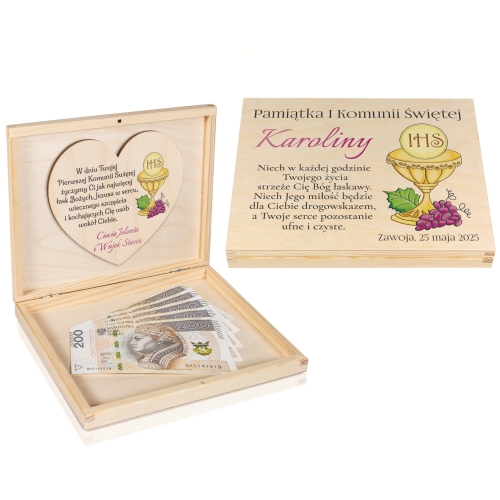 Pudełko zastrzyk gotówki PIERWSZA KOMUNIA ŚWIĘTA nadruk