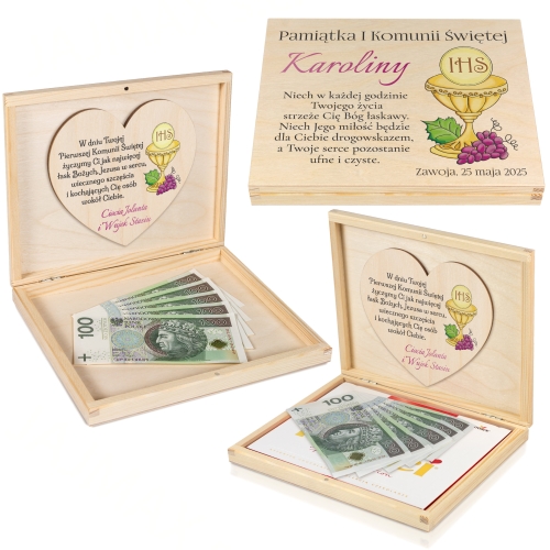 Pudełko zastrzyk gotówki PIERWSZA KOMUNIA ŚWIĘTA nadruk